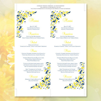 Wedding Menu Card Kaitlyn Navy Blue Yellow Tea Length