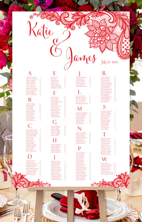 Wedding Seating Chart Poster Vintage Lace Red Print Ready Digital File Wedding Template Shop