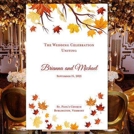 Printable Wedding Program Falling Leaves Autumn Yellow Red Orange