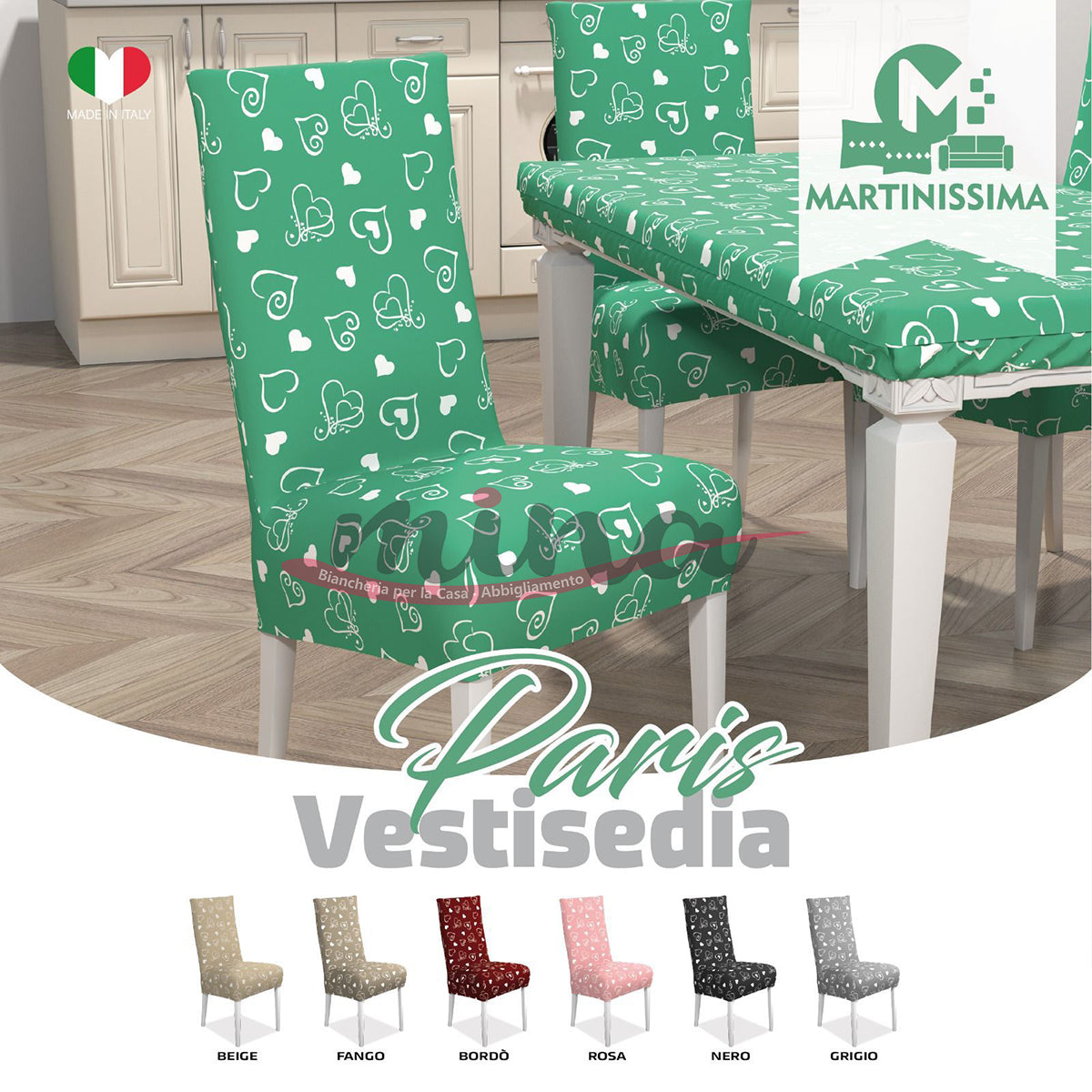 Copritavolo Elasticizzato Paris Rettangolare x6 e x12 Posti + 6 VESTISEDIA Martinissima Mollettone Tessuto Elastico Made in Italy  0735/0736