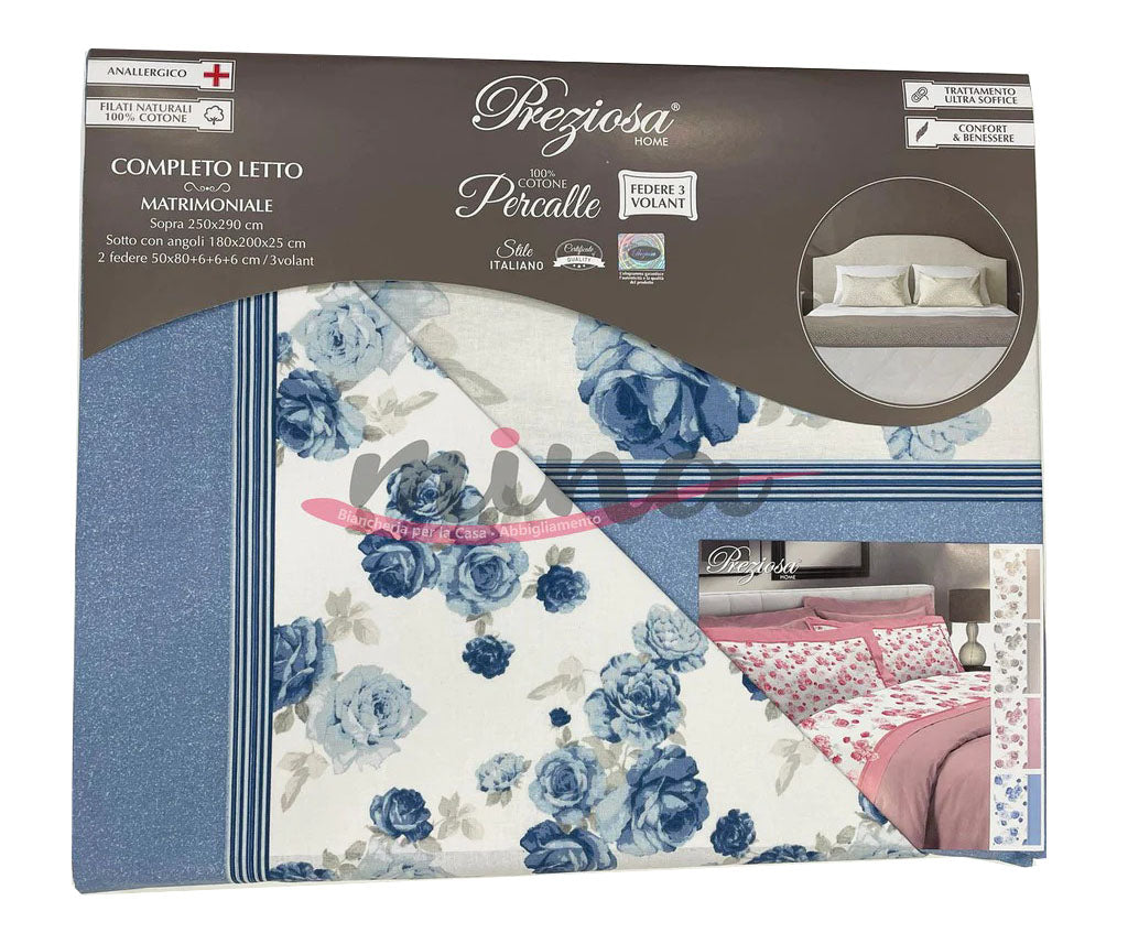 COMPLETO LETTO in PERCALLE vari colori Preziosa home 100% Cotone matrimoniale federe e volant anallergico ROSE  0630