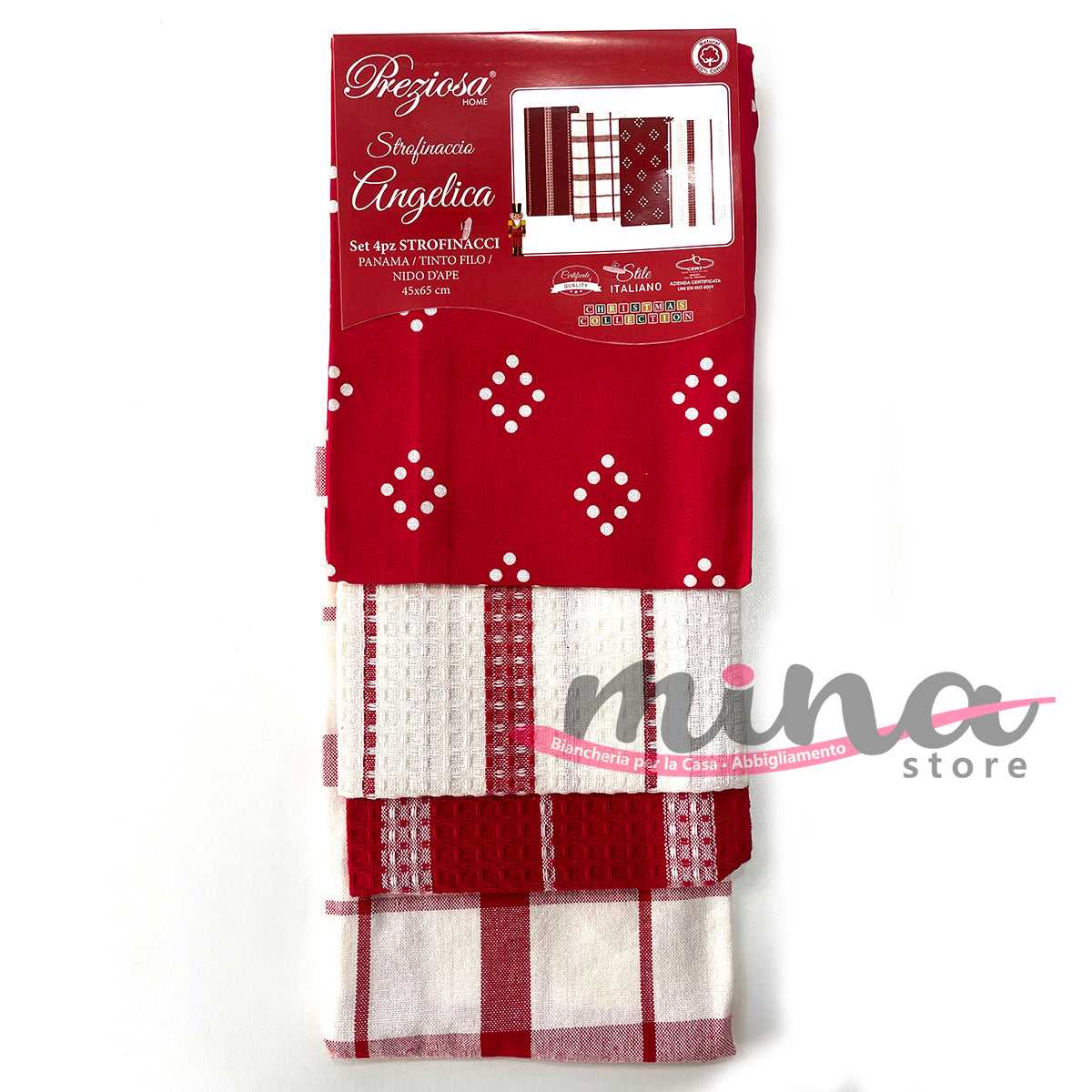 IDEA REGALO - Set 4 Strofinacci natalizi in Cotone, PREZIOSA mod. Angelica Made in Italy, natale