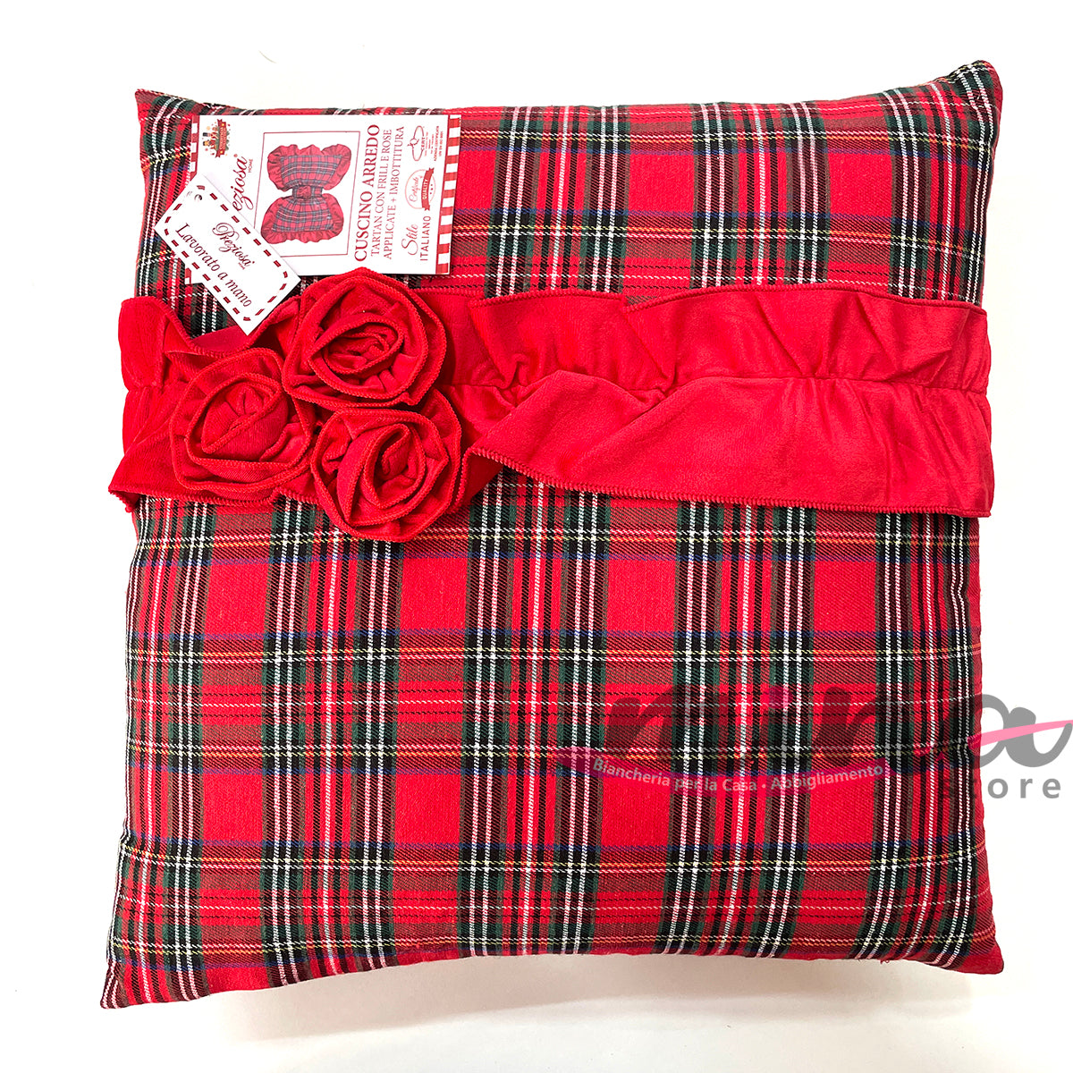 Cuscino Arredo natalizio Preziosa Quadrato 40x40, fantasia tartan e velluto con zip Made in Italy, natale, 22072