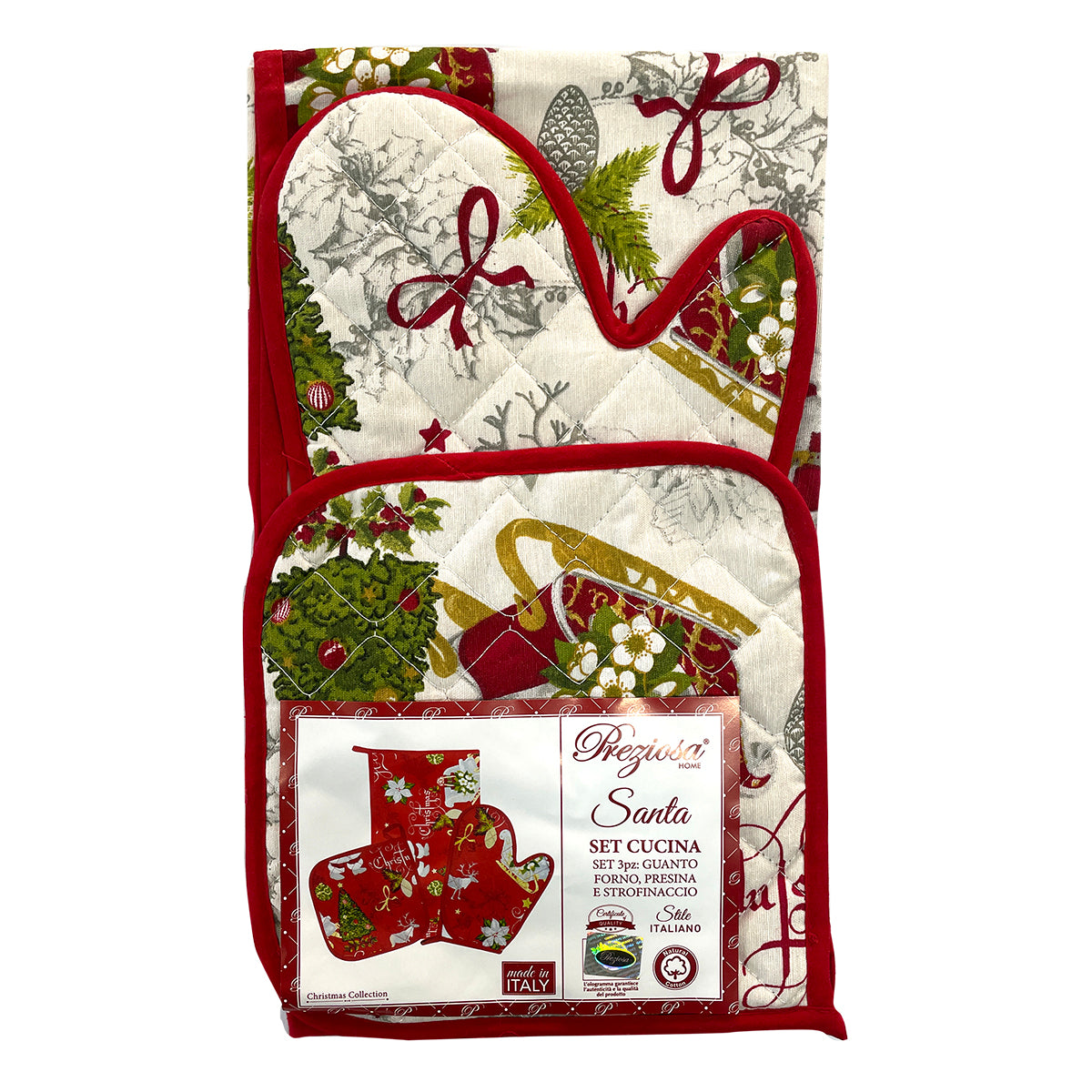 SET 3pz Guanto + Presina + Strofinaccio Natale Preziosa home, idea regalo, coordinato Natalizio mod. SANTA 1036