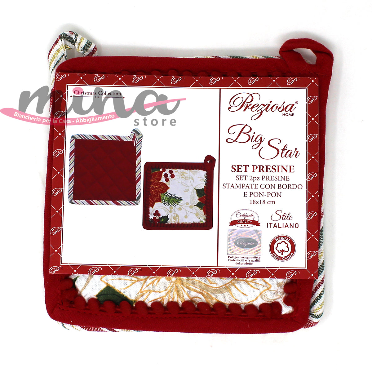 COPPIA PRESINE Natale preziosa home BIG STAR con pon pon e bordo, idea regalo tavola accessori coordinato Natalizio cucina, 1035  natale