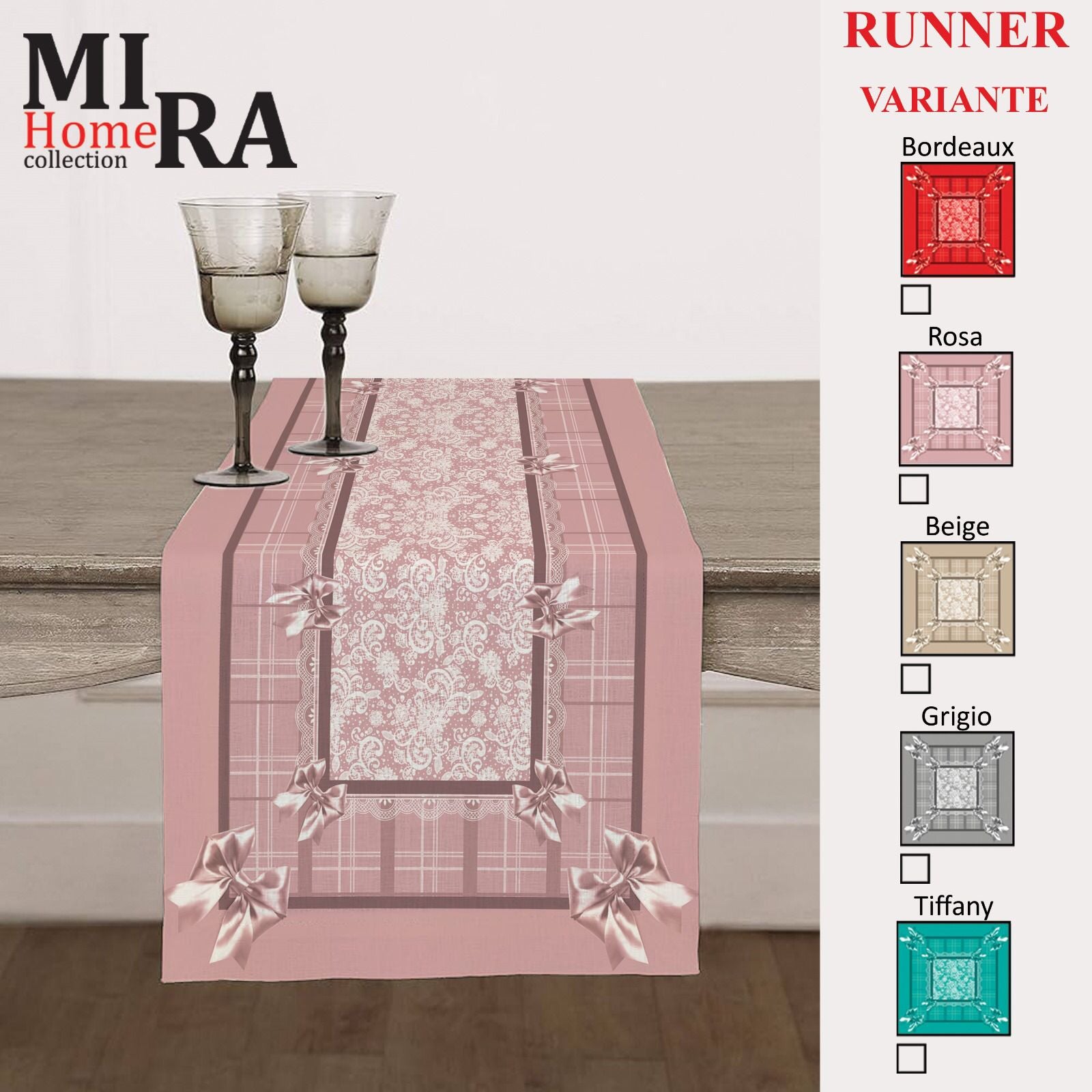 Runner striscia o tovaglietta da tavolo FIOCCO - MIRA - In cotone 40cmX140cm cucina tavo 1071 Made in Italy