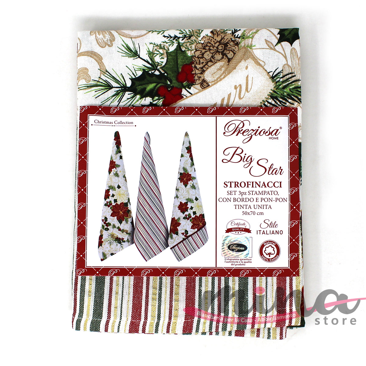 IDEA REGALO - Set 3 Strofinacci in cotone PREZIOSA mod. BIG STAR con pon pon e bordo Made in Italy