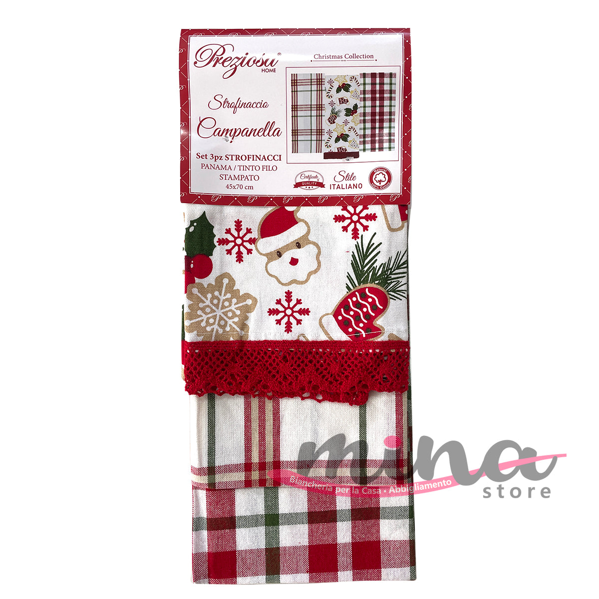 IDEA REGALO - Set 3 Strofinacci natalizi in Cotone, PREZIOSA mod. Campanella Made in Italy, natale