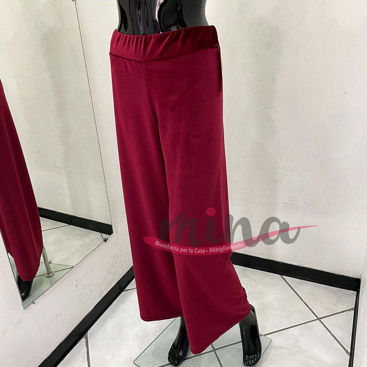 Pantalone con molla in vita modello a palazzo effetto ciniglia, taglia unica