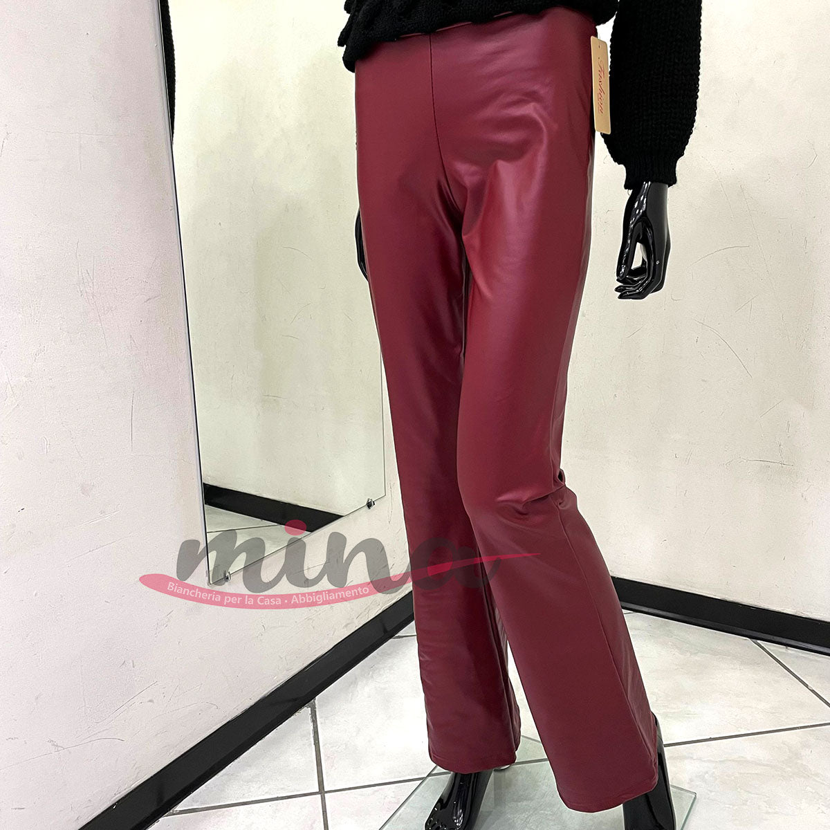 Pantalone similpelle a zampa  felpati , elasticizzato , taglia unica