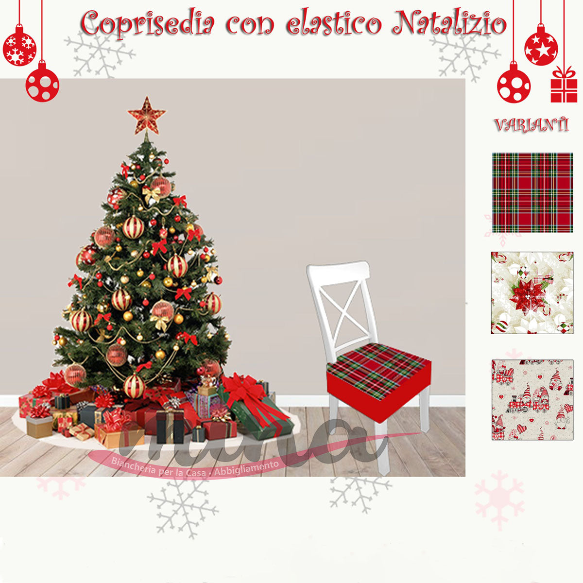 Confezione 6 Cuscini per Sedia con molla, imbottiti, fantasia Natalizia tartan scozzese, Natale