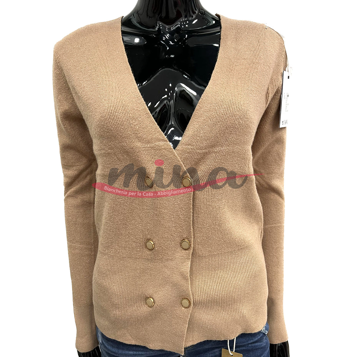 Cardigan con bottoncini, con scollo a V, a costine beige 0363