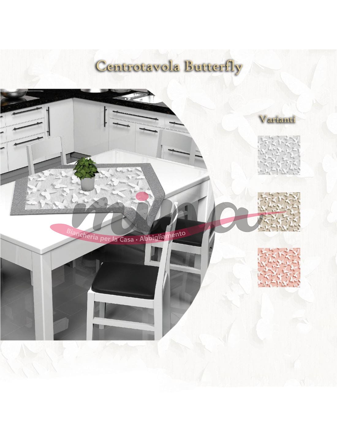 Centrotavola Quadrato BUTTERFLY con fascia 90cm X 90cm tavolo coordinato cucina Rosa, Grigio, Beige FARFALLE 0218