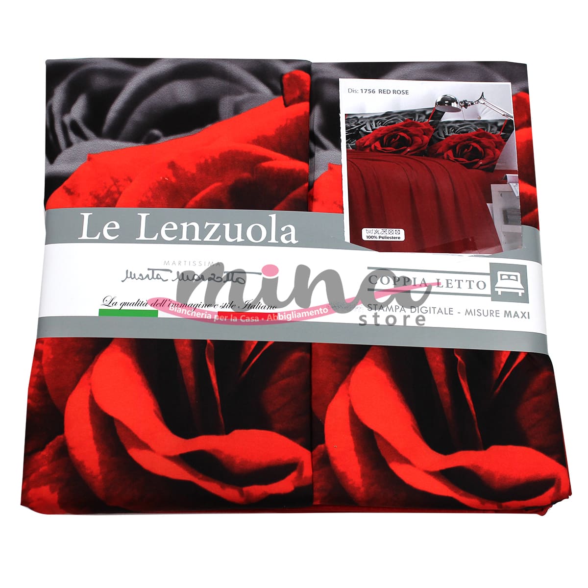 Completo Letto Matrimoniale stampa digitale 3D RED ROSE Marta Marzotto + 2 federe Made in Italy