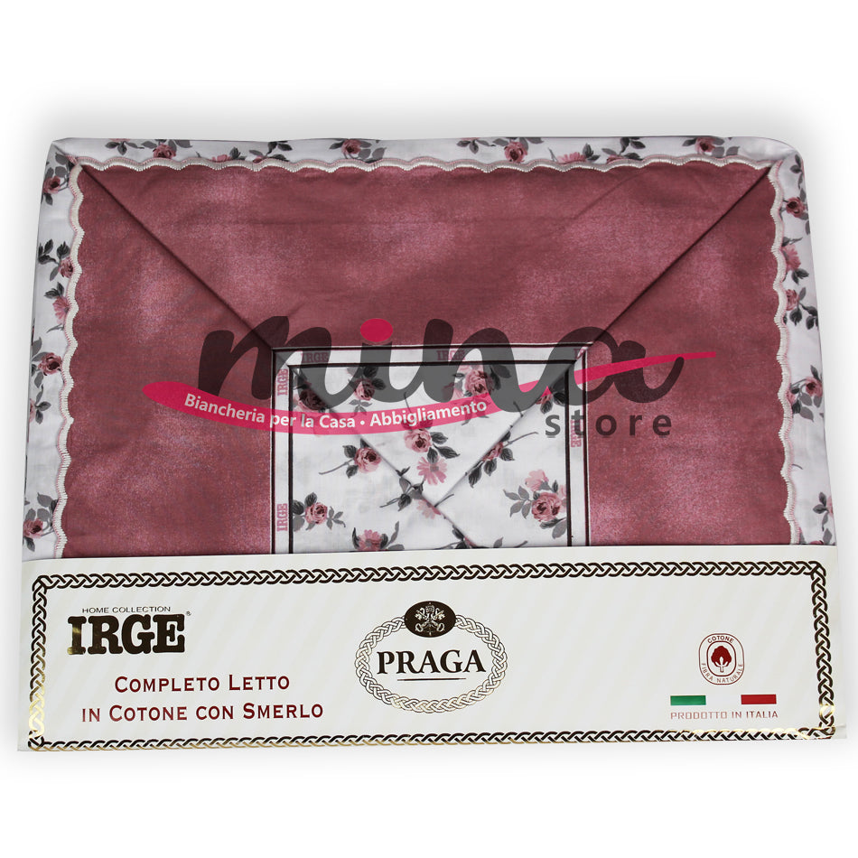 COMPLETO LETTO Matrimoniale IRGE PRAGA Con Smerlo Fantasia Rose Piccole + 2 Federe Made in Italy