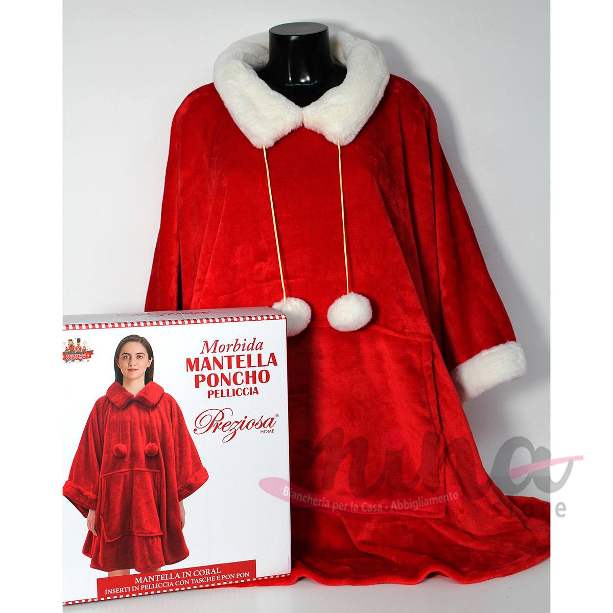 IDEA REGALO - Mantella/Poncho in Pile Coral con Pelliccia, tasconi, lacci, colletto  e bordi Panna o Rosso Natale  PREZIOSA super calda 100% Made in Italy