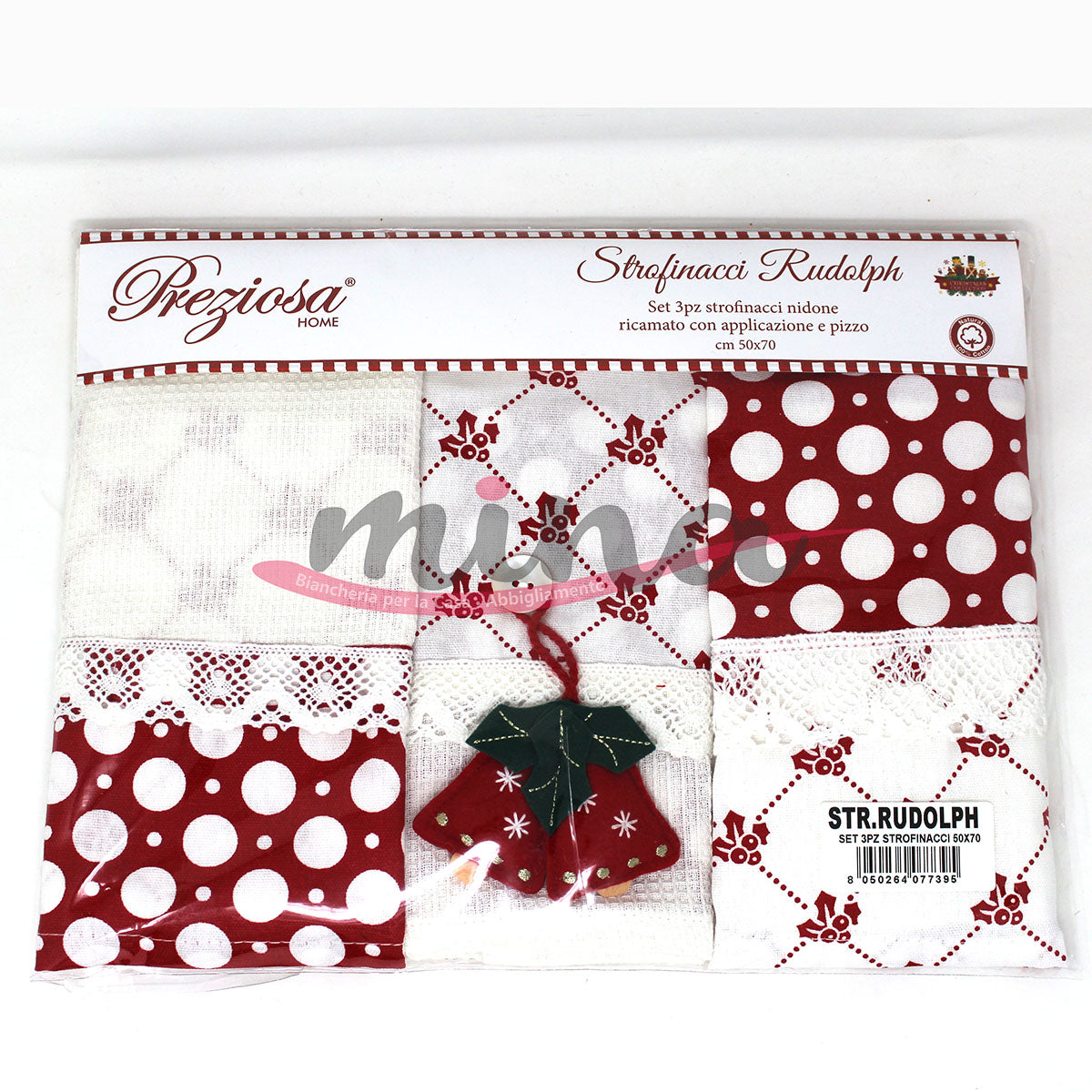 Set 3 STROFINACCI Nido d'ape PREZIOSA art. RUDOLPH Natale varie fantasie - Made in Italy natalizio 0480