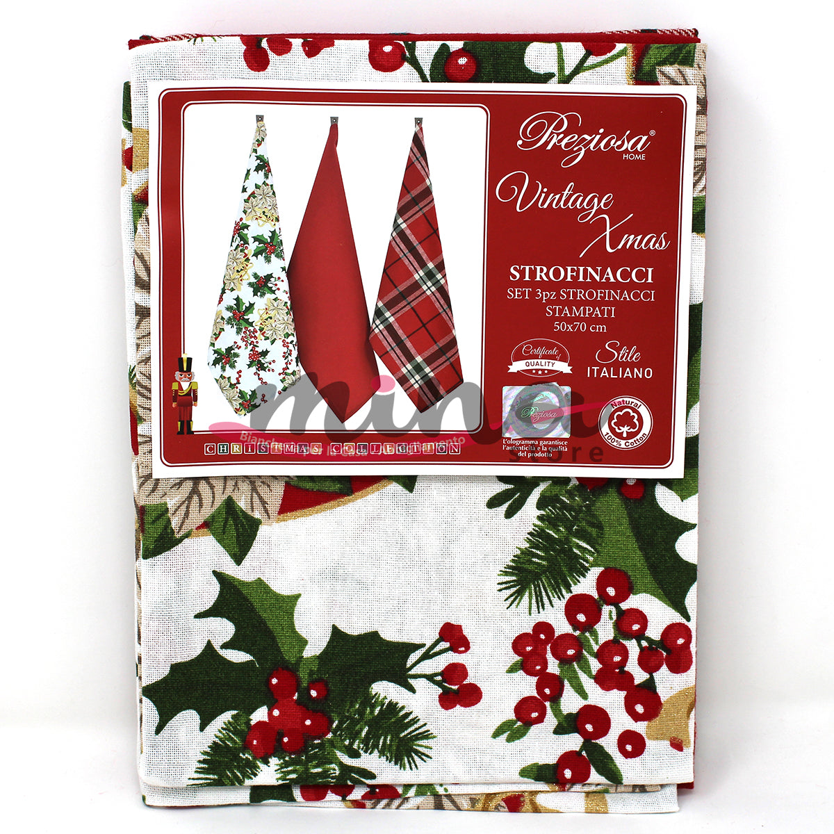 IDEA REGALO - Set 3 Strofinacci in cotone PREZIOSA VINTAGEXMAS Made in Italy