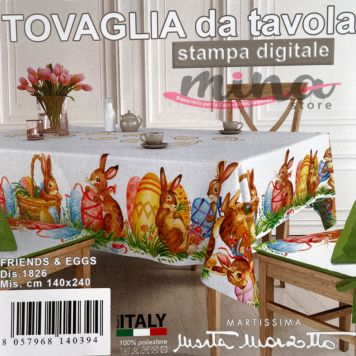 Tovaglia x6 e x12 0586 FRIENDS and EGGS dis. 1826 - Marta Marzotto, Made in Italy , tovaglia, copritavolo 0585-0586