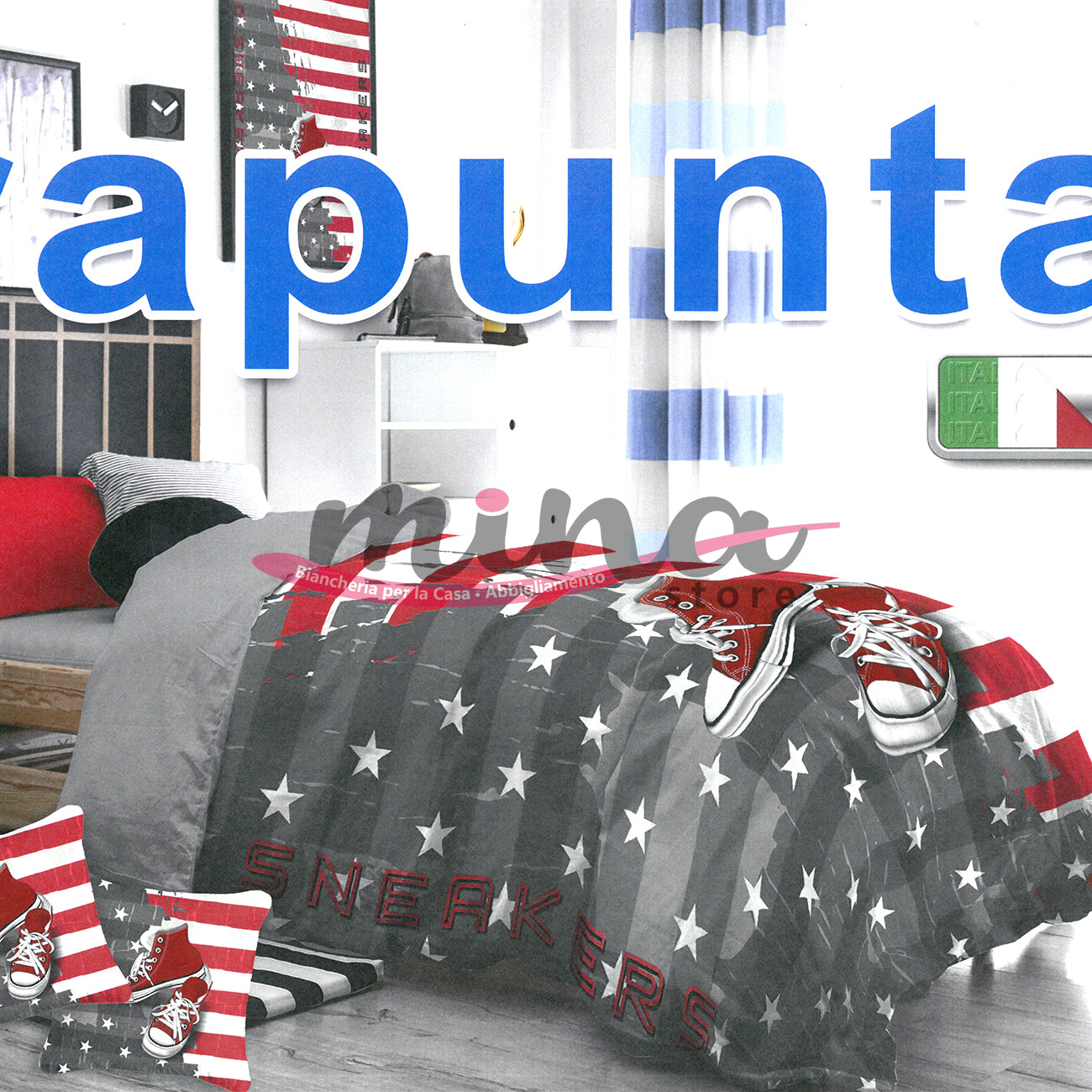 Trapunta Singola invernale Marta Marzotto 320gr Matrimoniale 100% Made in Italy Stampa Digitale 3D Qualità Premium Scarpetta stile Converse America Bandiera Americana