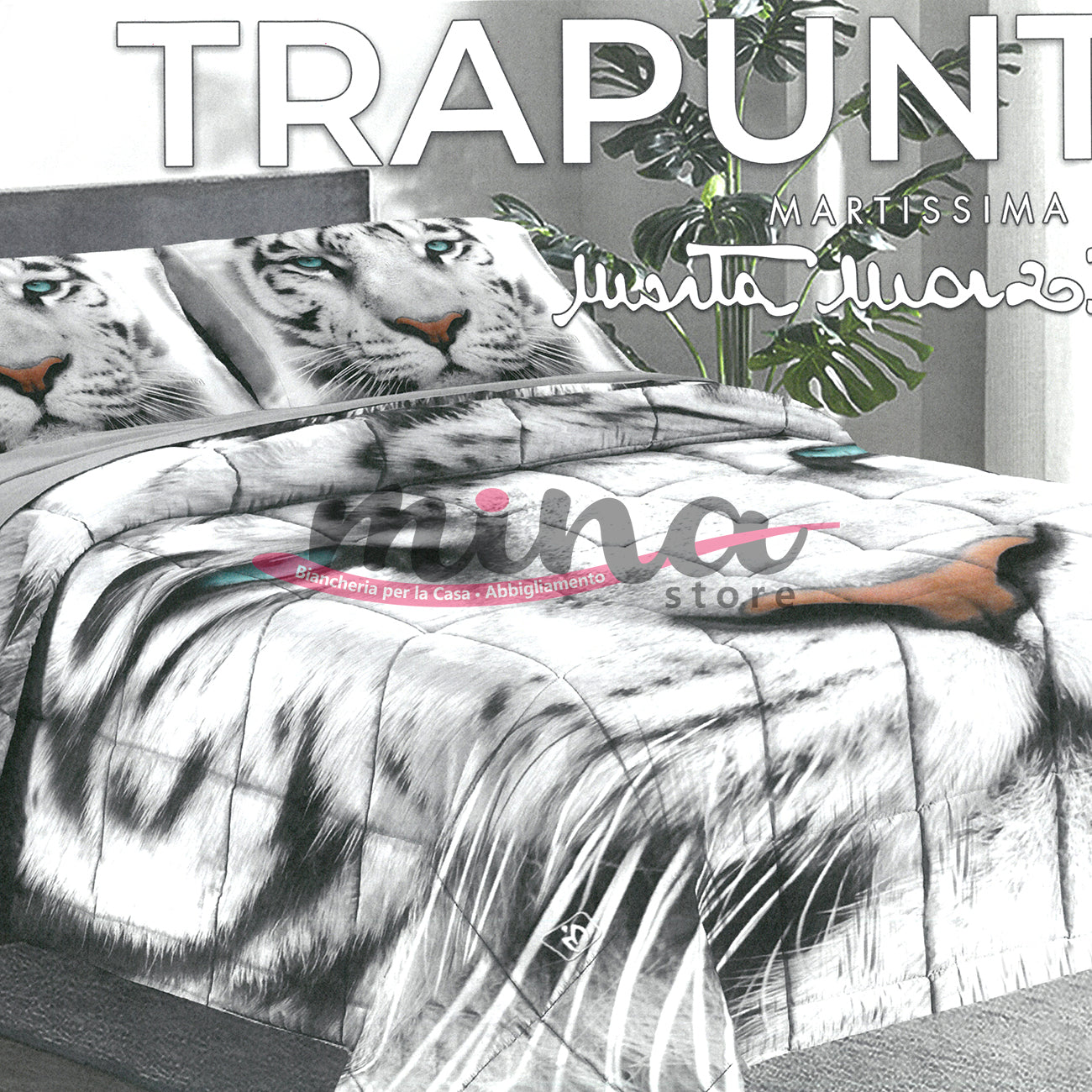 Trapunta invernale Marta Marzotto 320gr Matrimoniale 100% Made in Italy Stampa Digitale 3D Qualità Premium Tigre Bianca 1567
