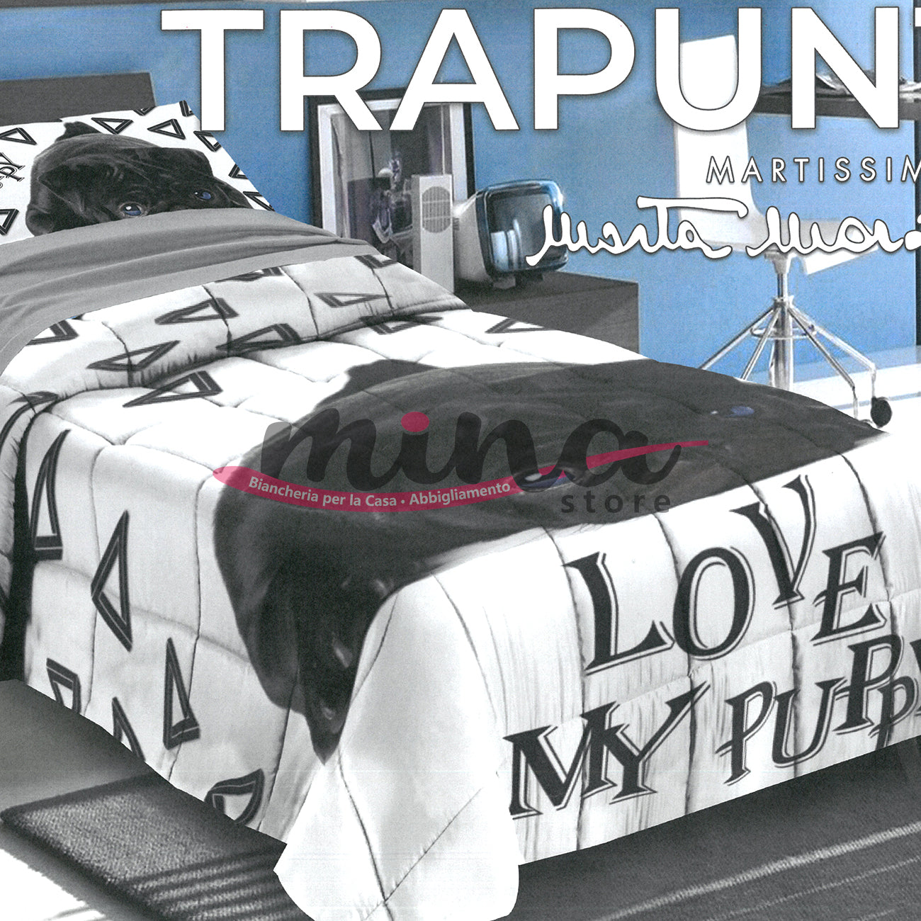 Trapunta Singola invernale Marta Marzotto 320gr Matrimoniale 100% Made in Italy Stampa Digitale 3D Qualità Premium 1579 Love My Puppy Cagnolino Cane Bulldog Nero Occhi Blu