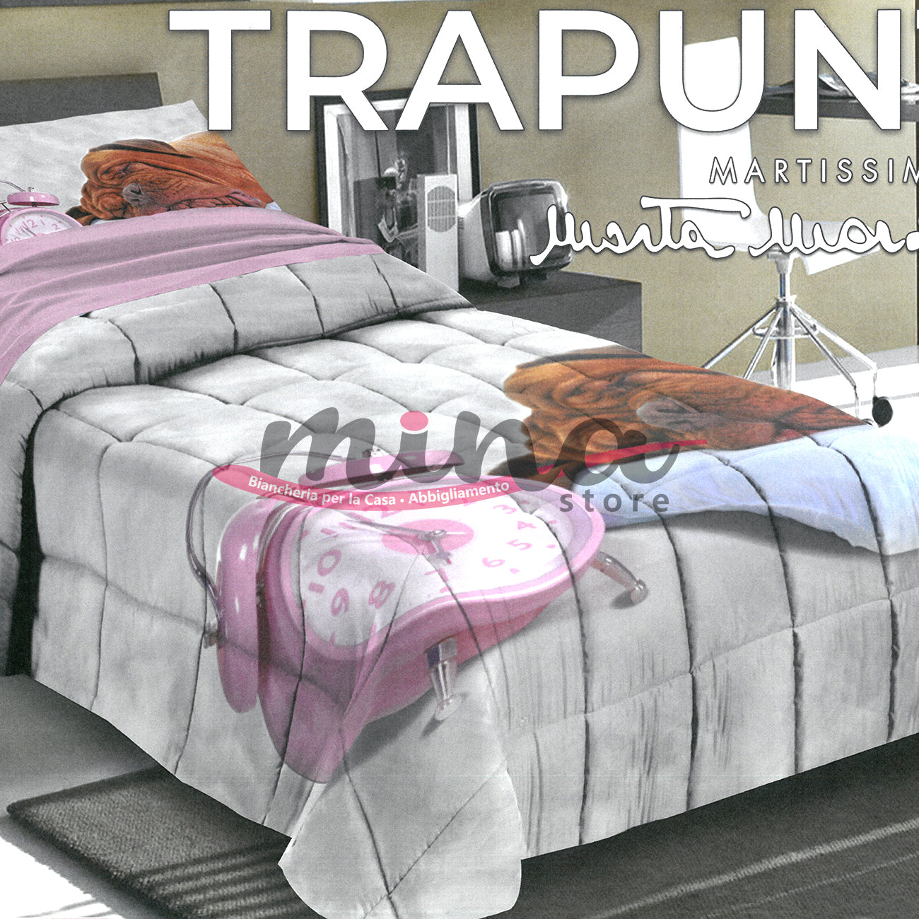 Trapunta Singola invernale Marta Marzotto 320gr Matrimoniale 100% Made in Italy Stampa Digitale 3D Qualità Premium Cane Cagnolino Marrone Cuccioli Sveglia Rosa