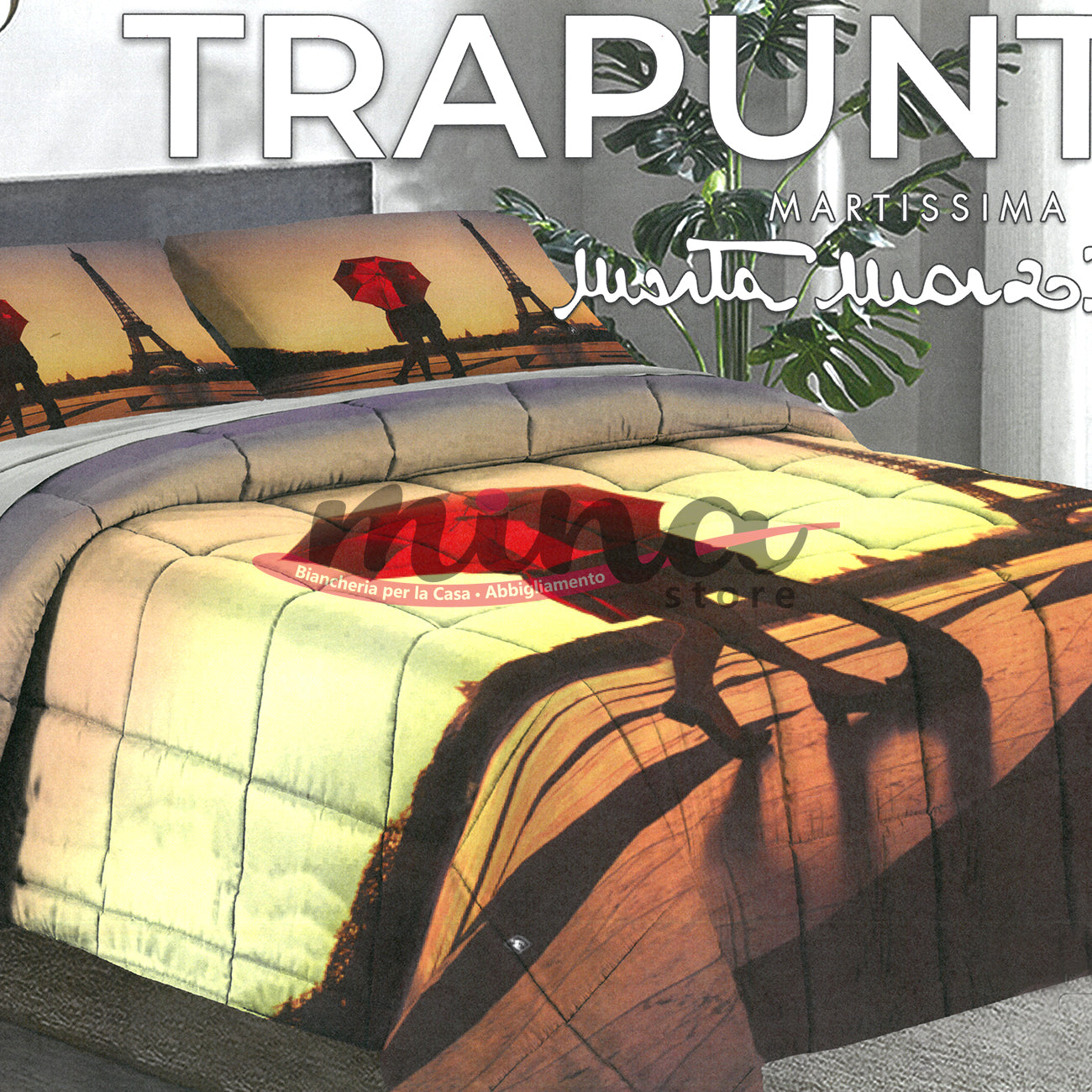 Trapunta invernale Marta Marzotto 320gr Matrimoniale 100% Made in Italy Stampa Digitale 3D Qualità Premium Torre Eiffel Ombrello Coppia Love Amore Nero