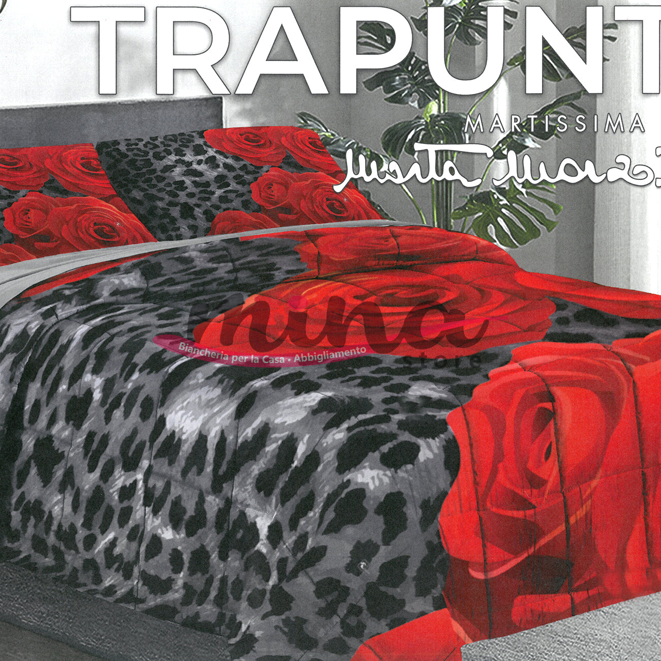 Trapunta invernale Marta Marzotto 320gr Matrimoniale 100% Made in Italy Stampa Digitale 3D Qualità Premium Rose Rosse Leopardato Nero Oro 1603