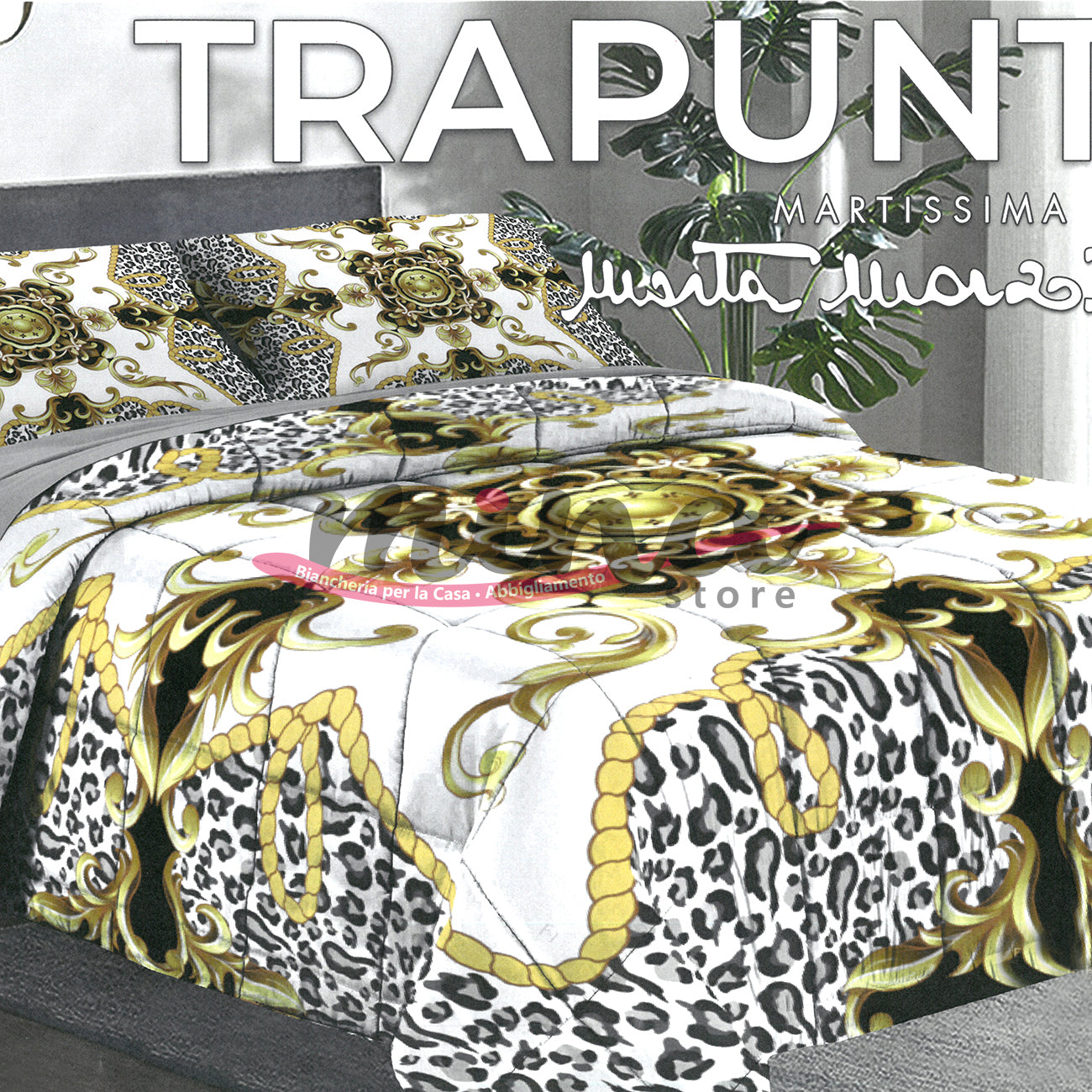 Trapunta invernale Marta Marzotto 320gr Matrimoniale 100% Made in Italy Stampa Digitale 3D Qualità Premium Barocco Oro Nero Leopardato 1604