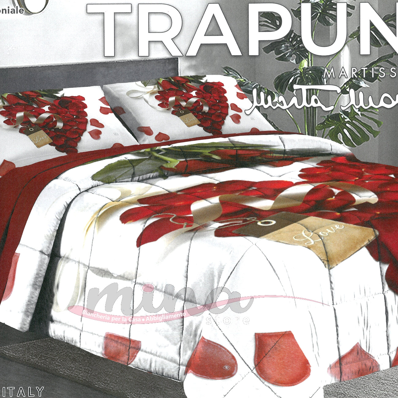 Trapunta invernale Marta Marzotto 320gr Matrimoniale 100% Made in Italy Stampa Digitale 3D Qualità Premium Cuore di Petali 1600