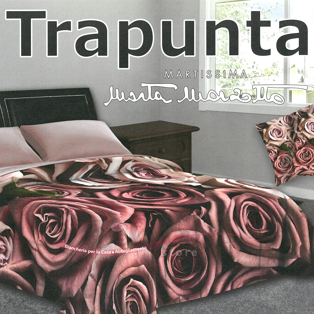 Trapunta invernale Marta Marzotto 320gr Matrimoniale 100% Made in Italy Stampa Digitale 3D Qualità Premium Rose rosa 995 01