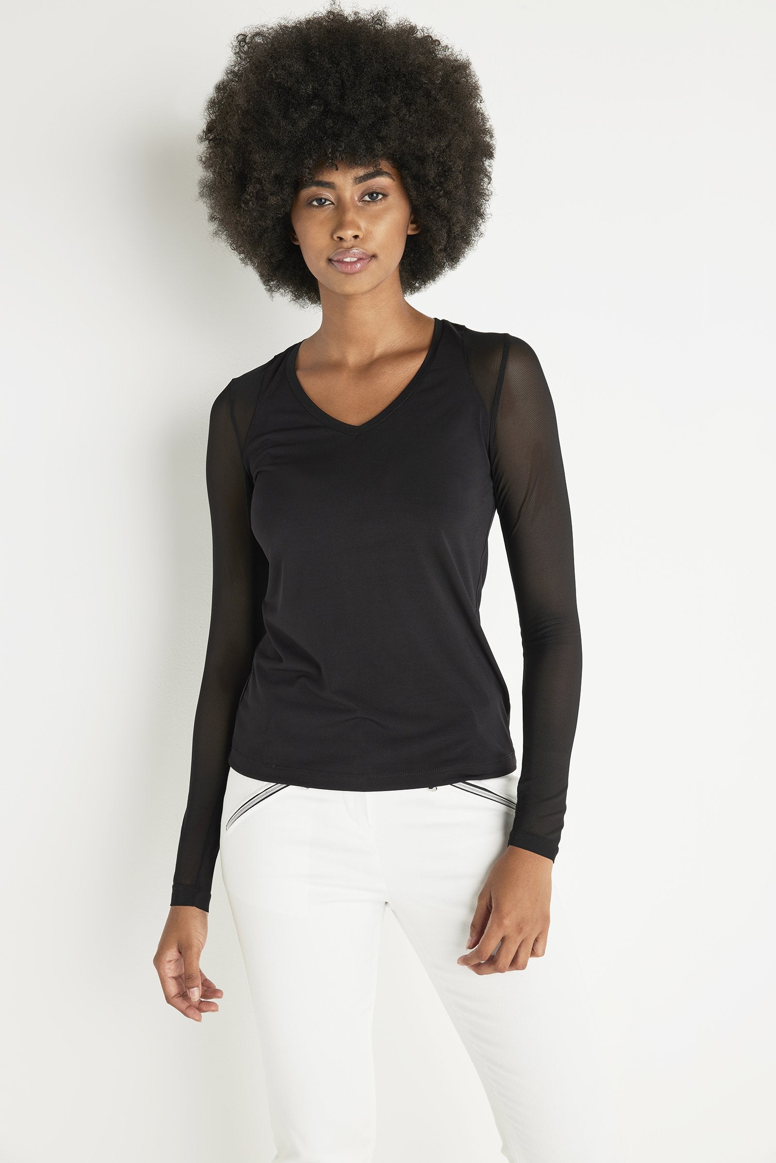Meet Isla: our newest sillouette stylish member, truly a must-have lightweight long-sleeve top crafted in super soft stretch jersey and power mesh  blend with elegant signature stretch power mesh sleeves and front and back panels. A sleek silhouette and V-neck front with mesh overlay make it a modern wardrobe essential for travel and everyday. 
