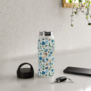 Blue Ink Floral Handle Lid Water Bottle