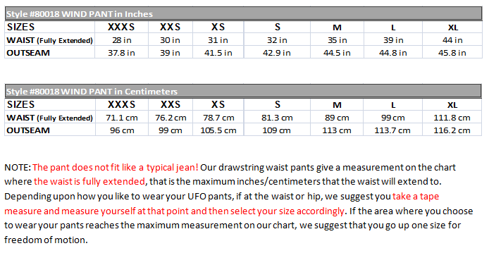 Ufo Pants Size Chart