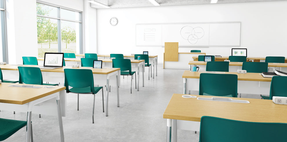 Education setting with desks and chairs