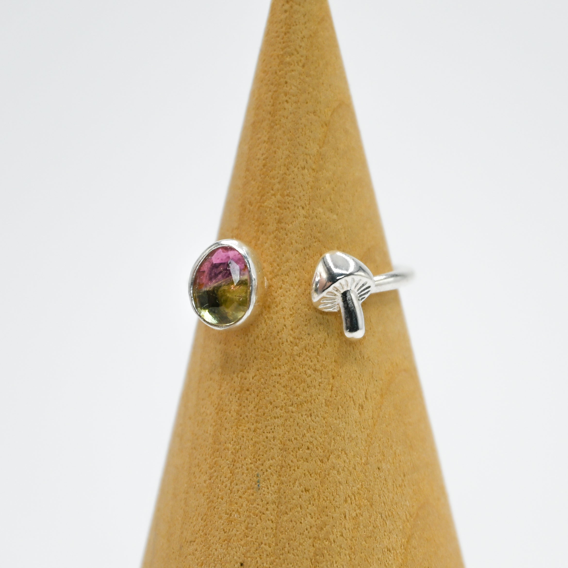 Adjustable rose cut watermelon tourmaline and mushroom size 7.25