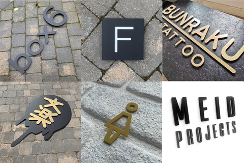 Examples of flat cut letters, stand of stand off alone letters and digits, icons and bespoke fonts and colour signage