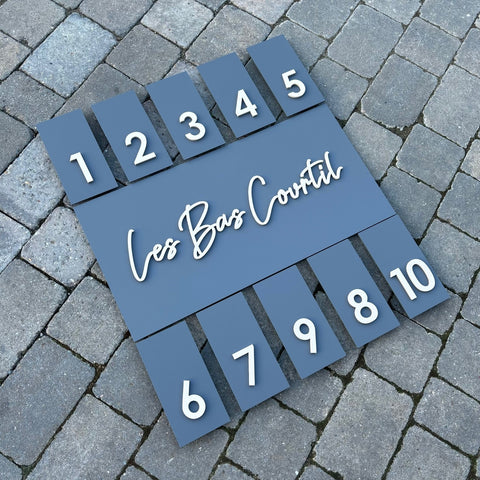 Mid grey Cursive Script Name Sign with matching 3D digit signs.