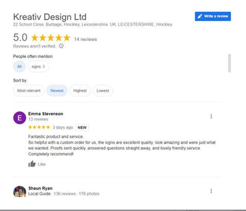 Kreativ Design - 5* Google reviews snapshot