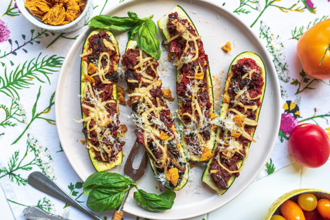 Plant Based Recipe Rawcology Zucchini Pizza Boats