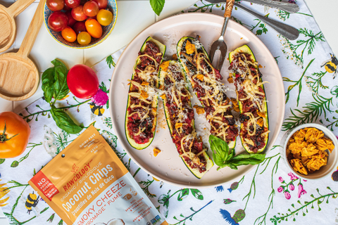 Plant Based Recipe Rawcology Zucchini Pizza Boats