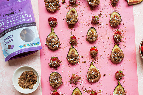 Rawcology Chocolate Yogurt Dipped Strawberries and Figs Recipe with Chocolate Oat Clusters with Probiotics Snack