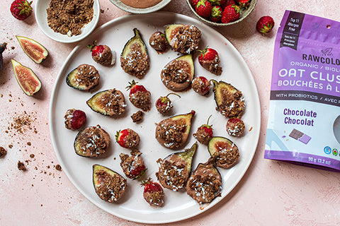 Chocolate Yogurt Dipped Strawberries & Figs with Chocolate Oat Clusters with Probiotics
