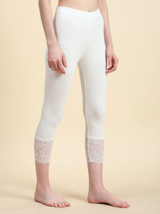 Outflits Beige Viscose Lycra Capri Leggings with Bottom Lace: Elegance
