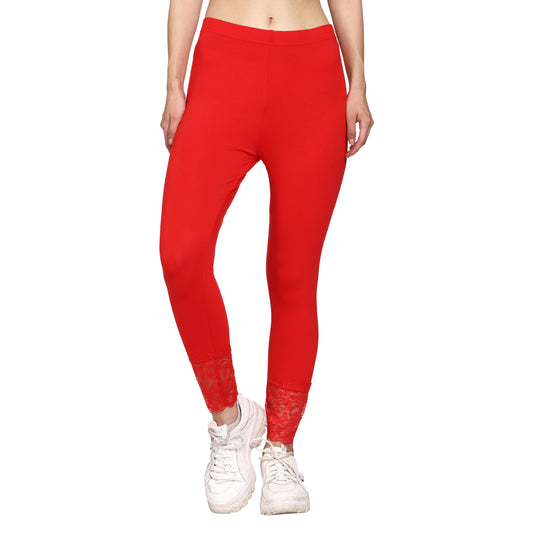 Outflits Women's Red Colour Ankle Leggings With Net Lace