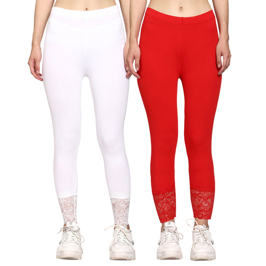 Outflits Women's Red Colour Ankle Leggings With Net Lace