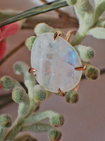 Moonstone ring with rose gold thorn prongs 