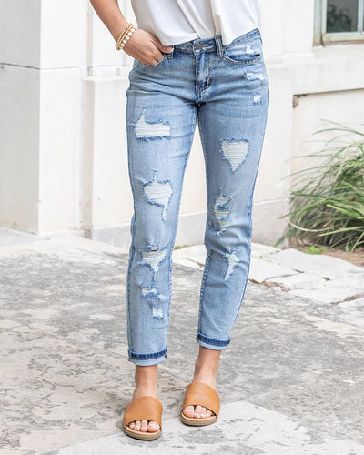 Grace & Lace Premium Denim High Waisted Mom Jean Distressed Light