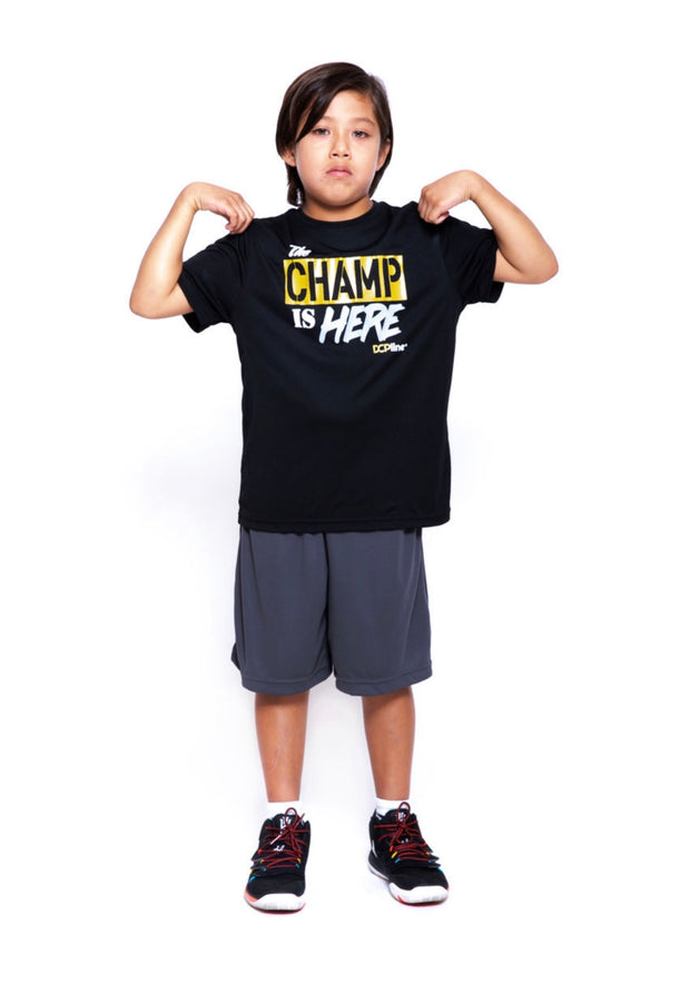 Kids The Champ Is Here Black w Gold/wht/gray (Performance Tee)